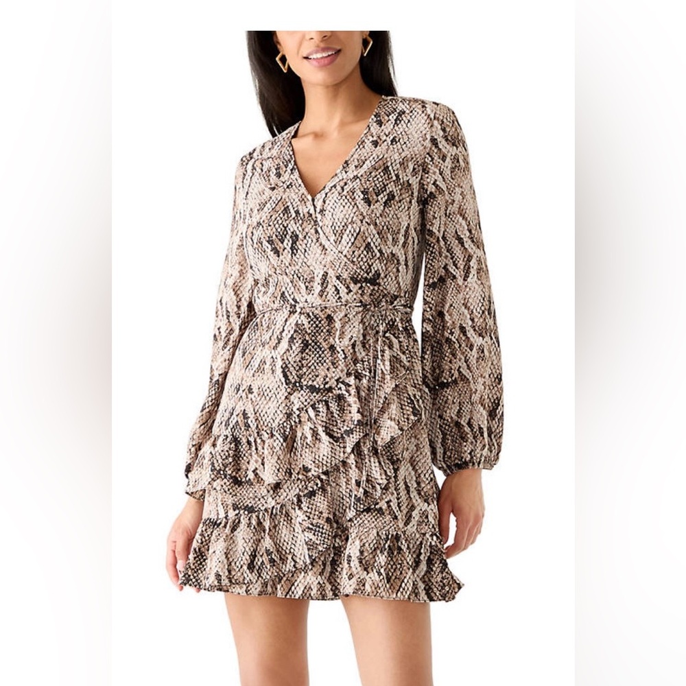 1.State Women's Long Sleeve Snake Ruffled Wrap Front Dress